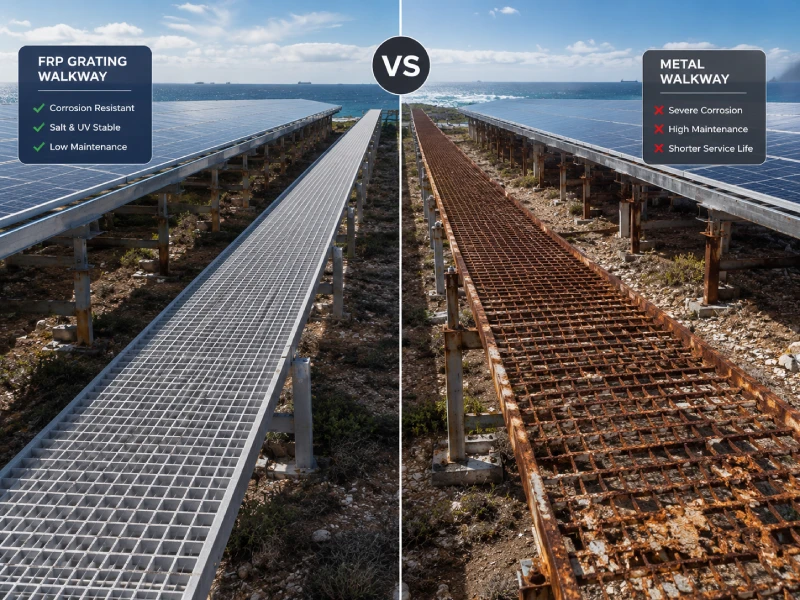 Mengapa FRP Grating ialah Bahan Terbaik untuk PV O&M Walkways (FRP Solar Grating vs Metal)