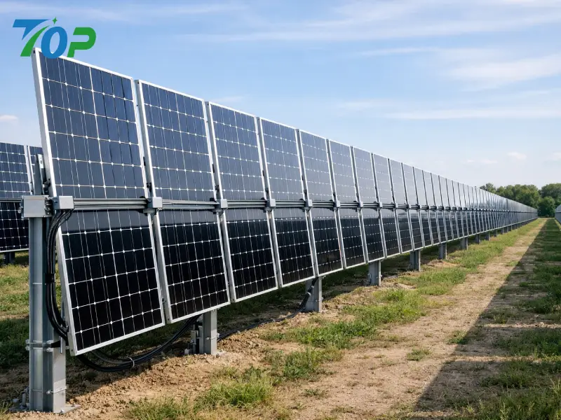 Ground-mounted vertical solar panel mounting structure with east-west alignment